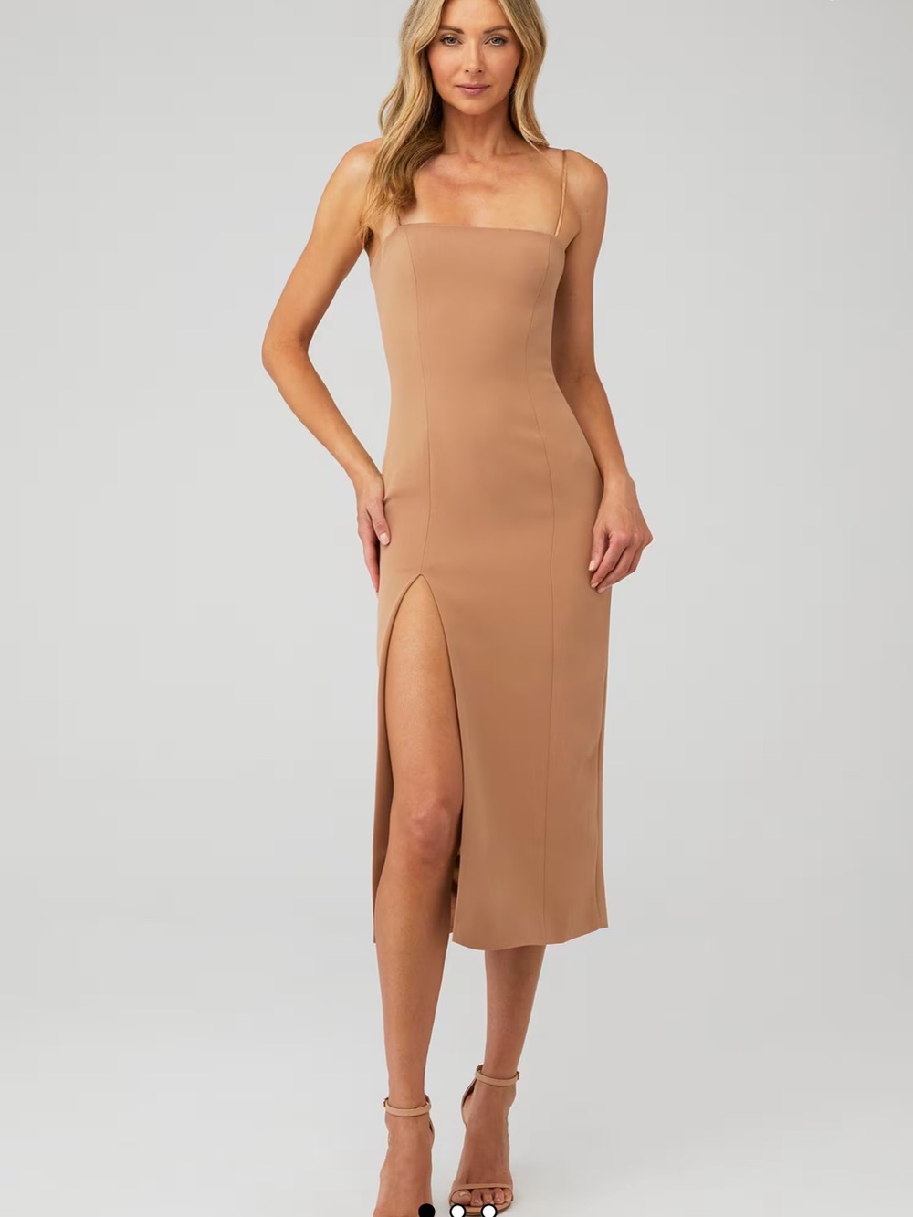 Bardot Tan Square-Neck Midi Dress with Thigh Slit